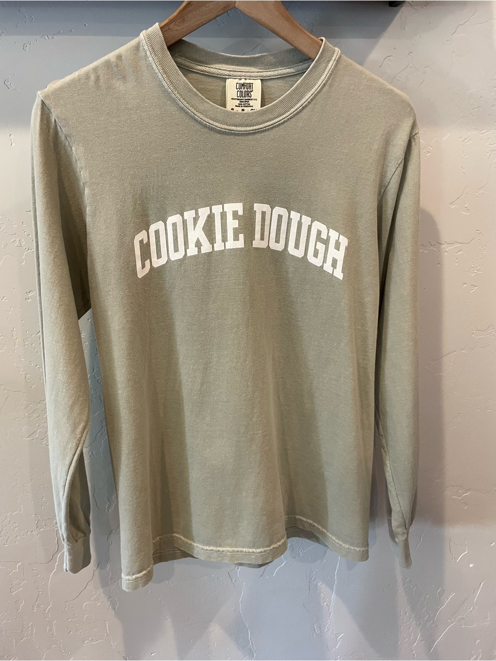 Comfort Colors 100% cotton Long Sleeve Tee in Sage with COOKIE DOUGH Print S